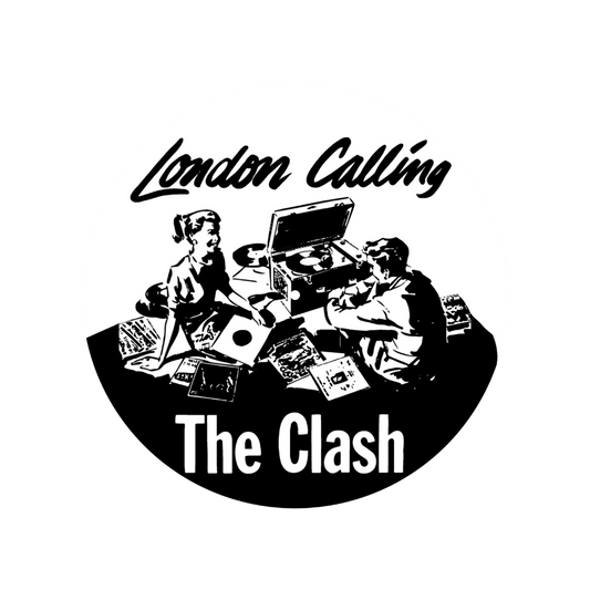 Album cover for 'London Calling' by The Clash with black and white illustration of people around a record player.