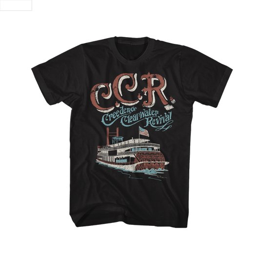 Black t-shirt with 'C.C.R. Credence Clearwater Revival' riverboat graphic design