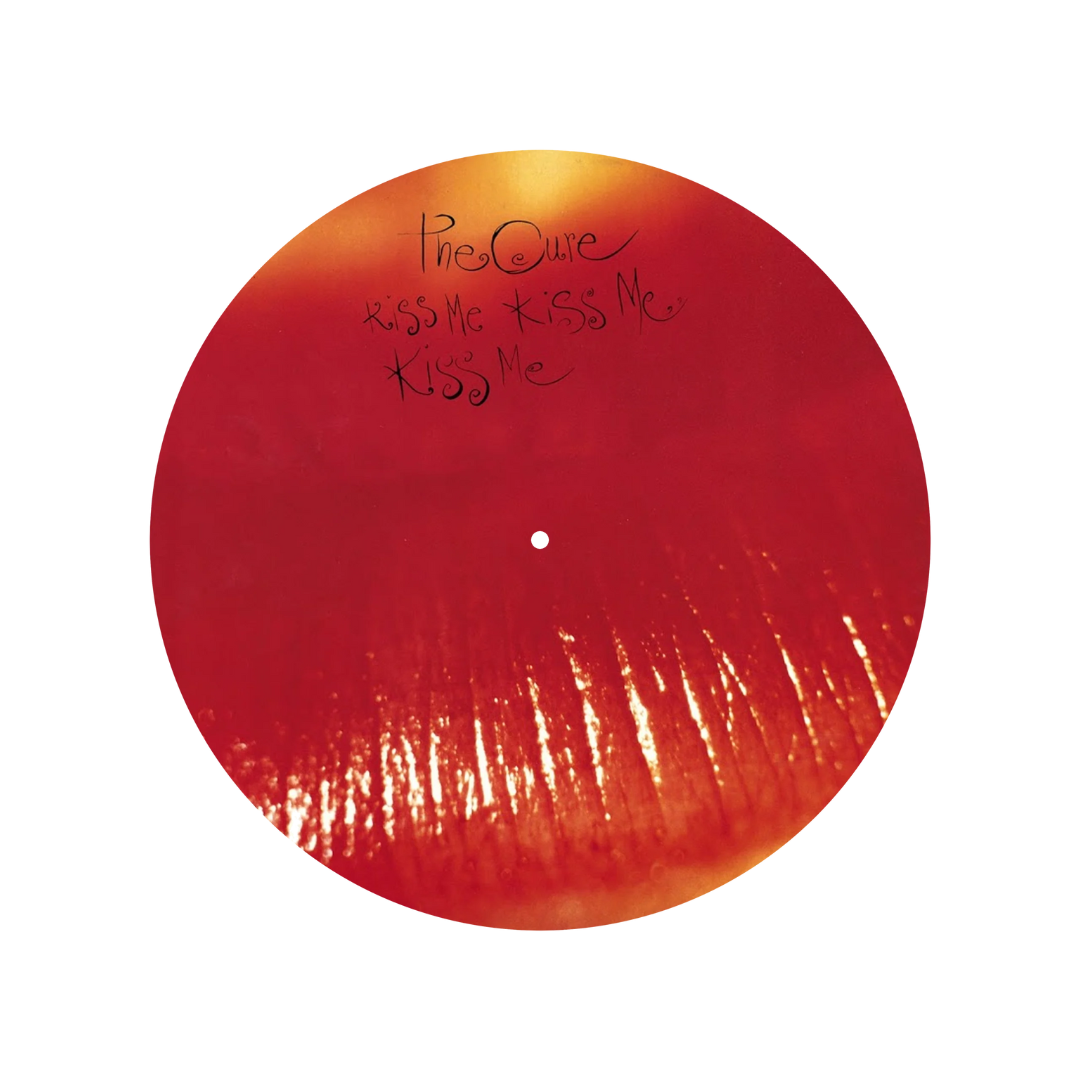 Red vinyl record with 'The Cure' and 'Kiss Me' text on a white background