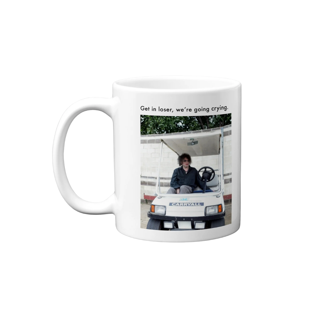 Mug with a photo of a person in a camper van and text 'Get in loser, we're going crying.'