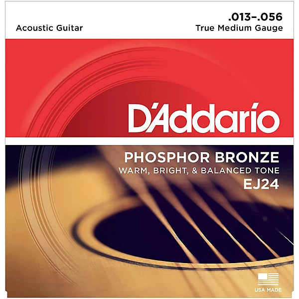 Packaging for D'Addario Phosphor Bronze True Medium Gauge acoustic guitar strings with a visible image of a guitar and the gauges of the strings listed.