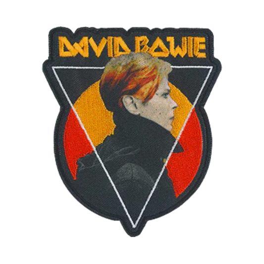 Patch with a portrait of David Bowie and his name above it on a white background