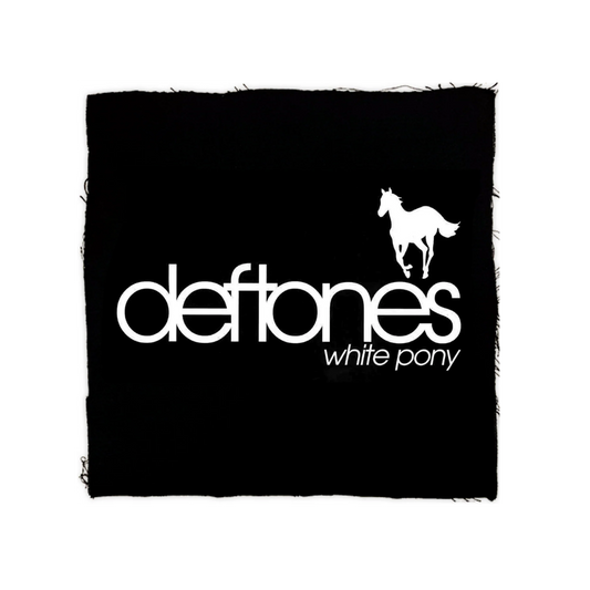 Black album cover with 'deftones' and 'white pony' text and a horse illustration.