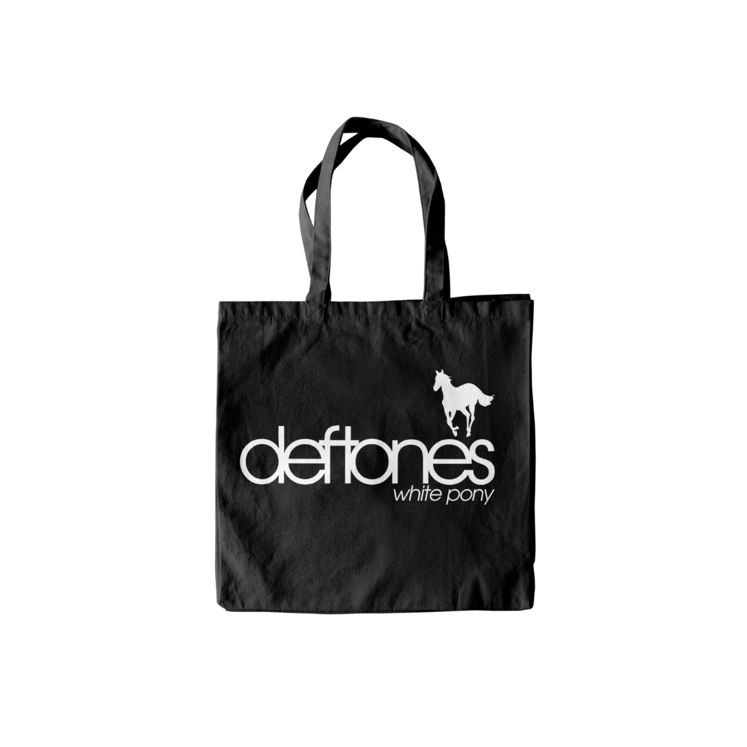 Black tote bag with 'deftones white pony' text and logo on a white background
