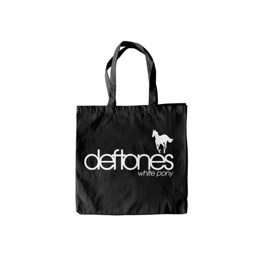 Black tote bag with 'deftones white pony' text and logo on a white background