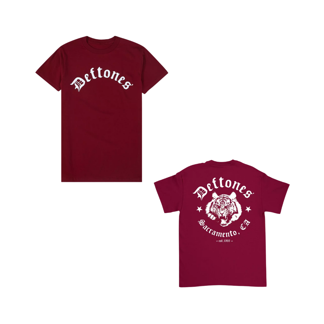 Maroon t-shirt with 'Deftones' logo on front and tiger graphic on back