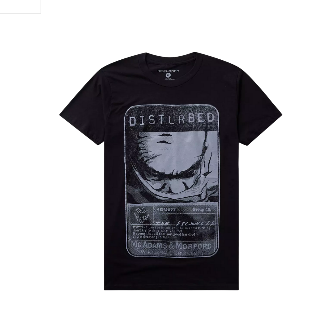 Black t-shirt with 'Disturbed' graphic design