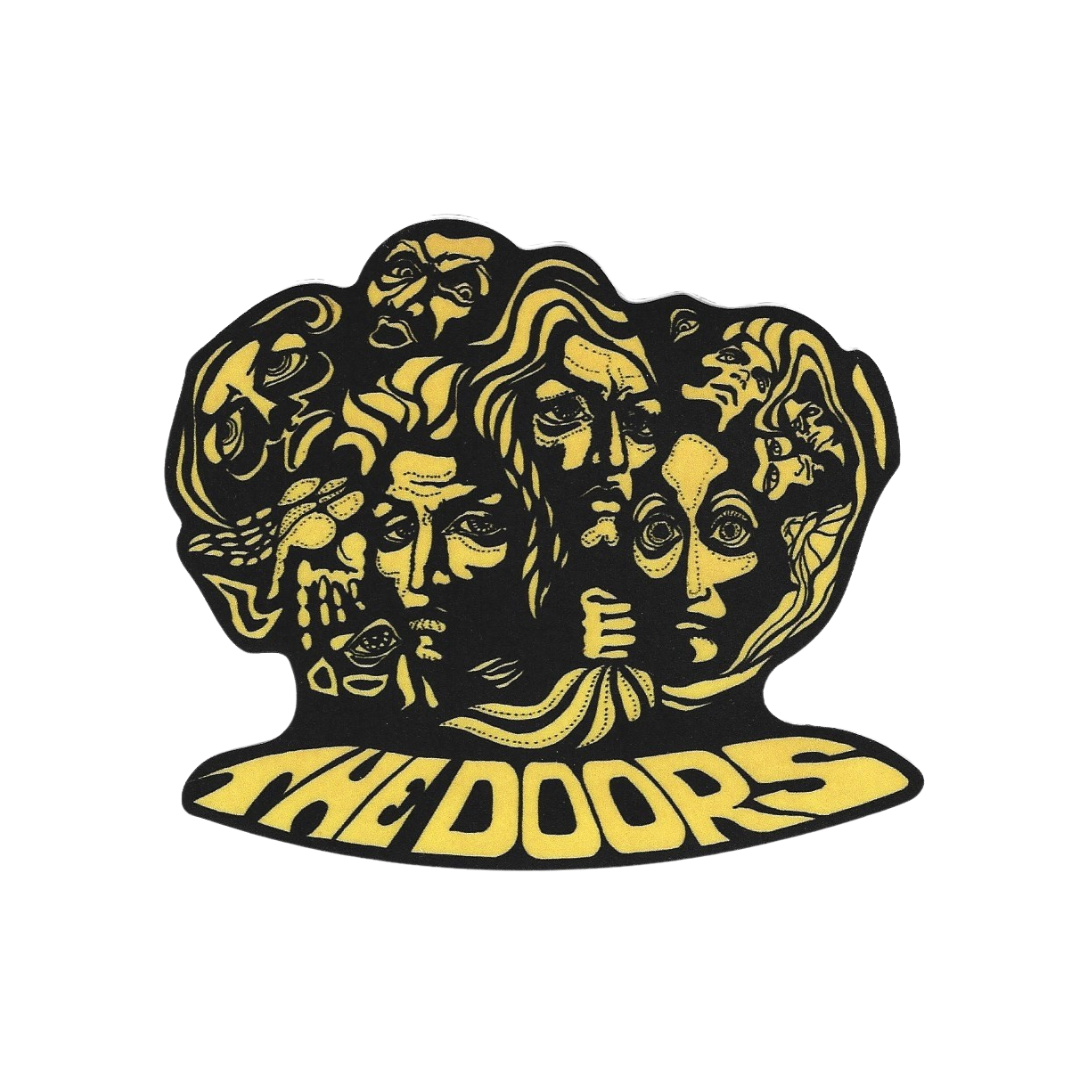 Black and yellow 'The Doors' logo with faces and text on a white background