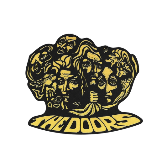 Black and yellow 'The Doors' logo with faces and text on a white background