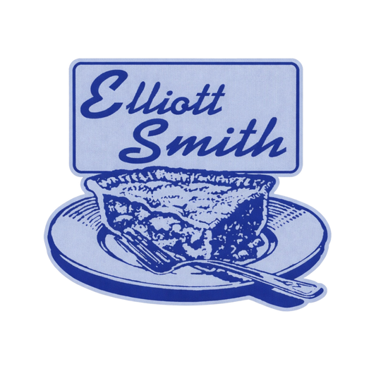 Blue illustration of a pie with a fork and 'Elliott Smith' text on a white background