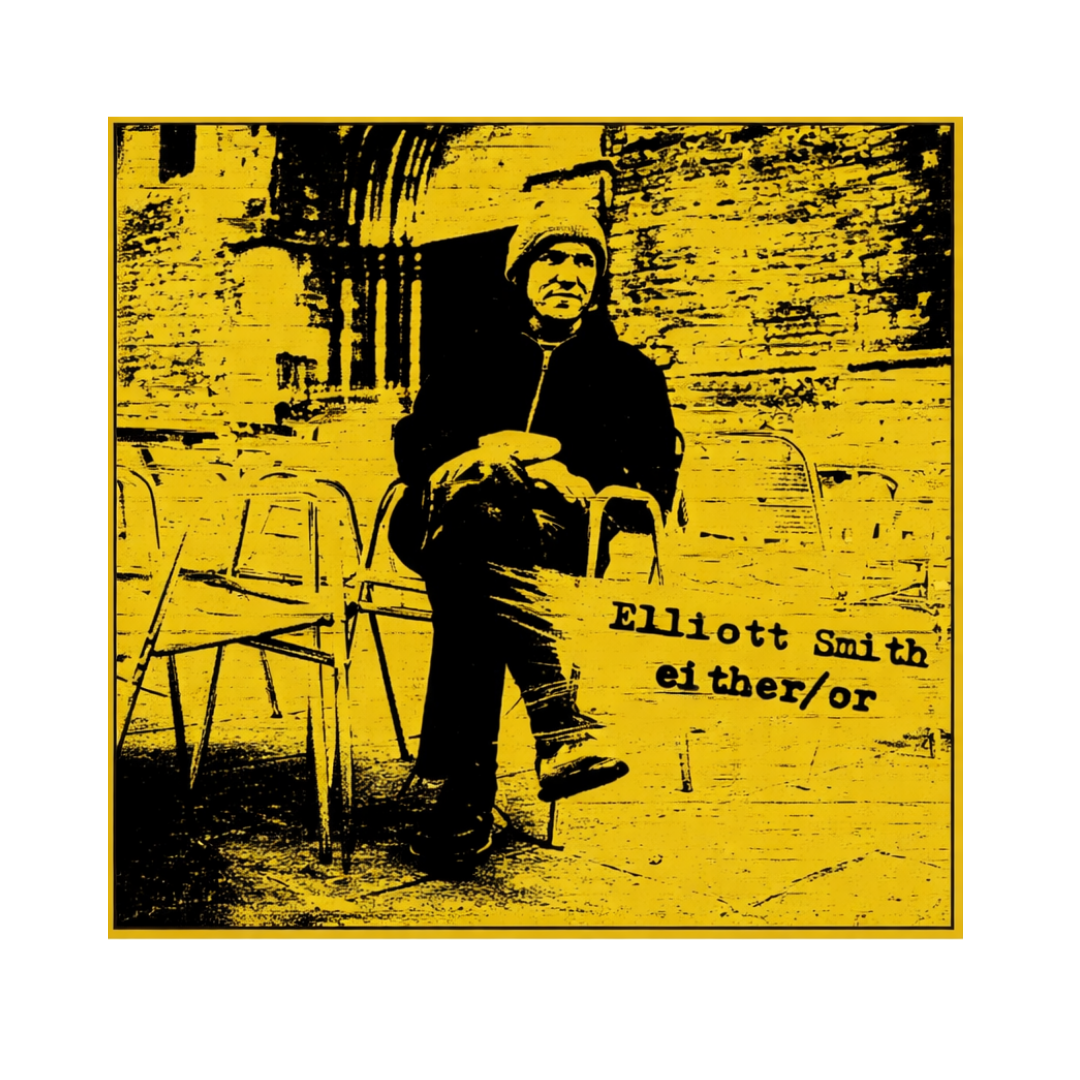 Image of a person sitting on a chair, featuring the text 'Elliott Smith either/or'.
