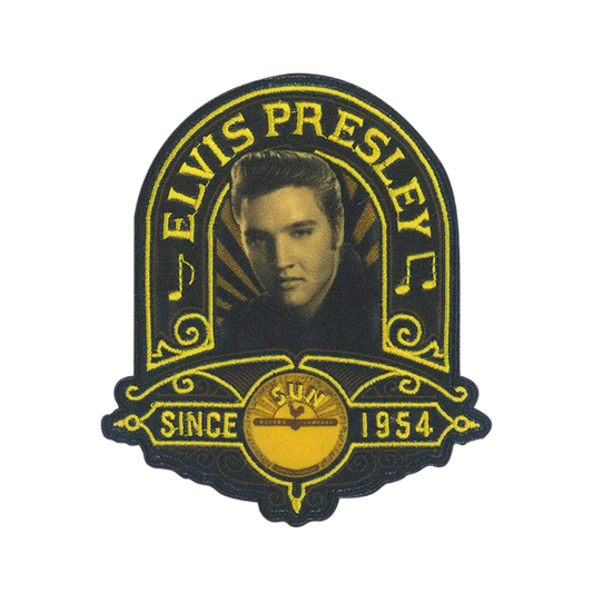 Elvis Presley patch with yellow text and a portrait of Elvis on a black background