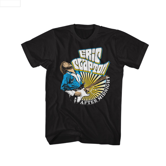 Black t-shirt with a graphic of a person playing guitar and text 'Eric Clapton After Midnight' 