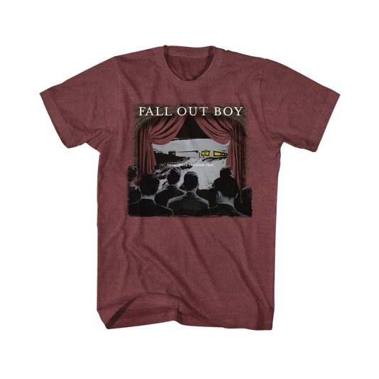 Maroon t-shirt with 'Fall Out Boy' graphic design on a white background