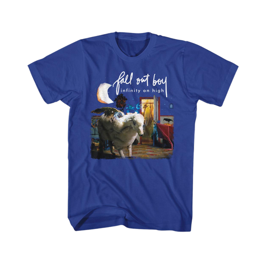 Blue t-shirt with graphic design and text on a white background