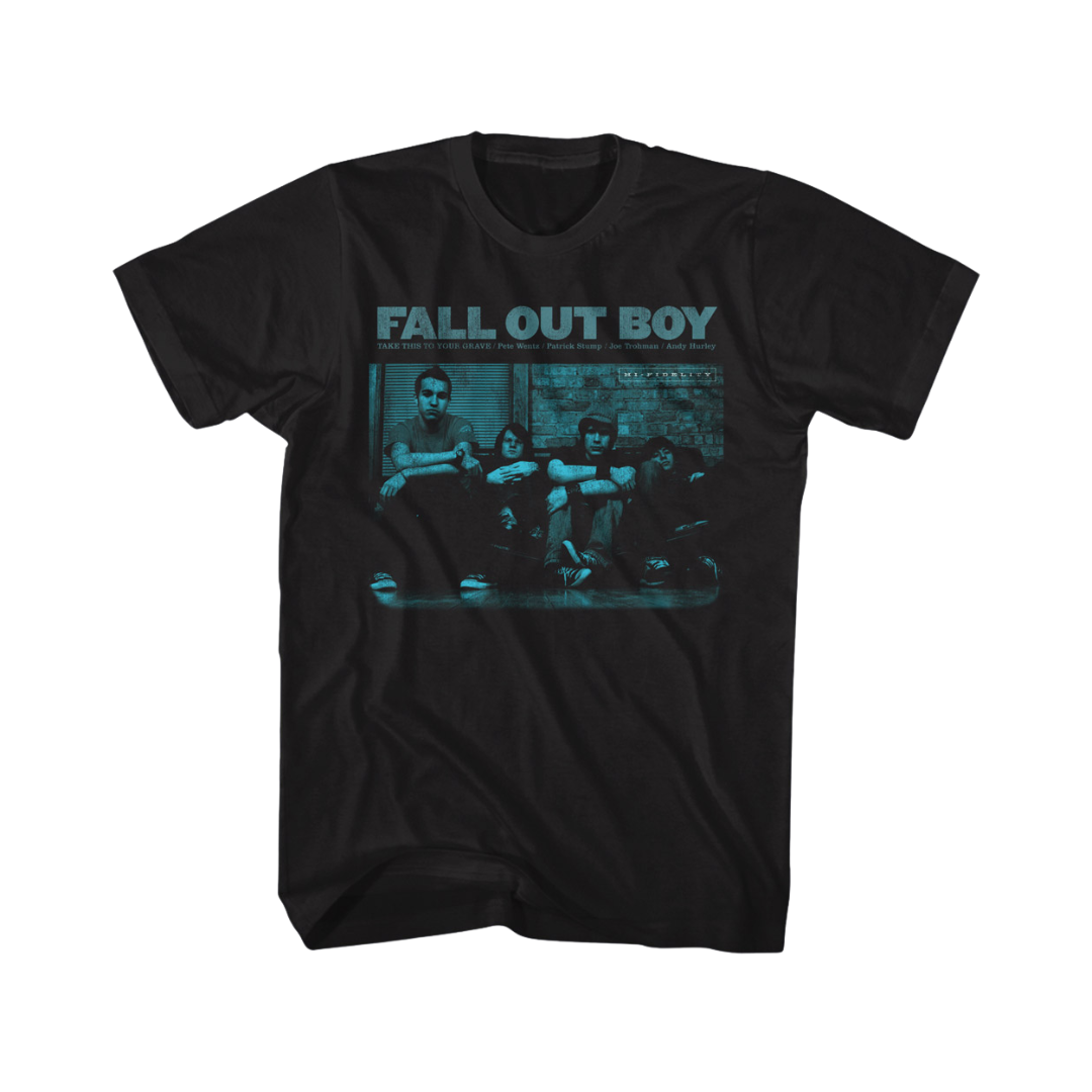 Black t-shirt with 'Fall Out Boy' graphic design on a white background