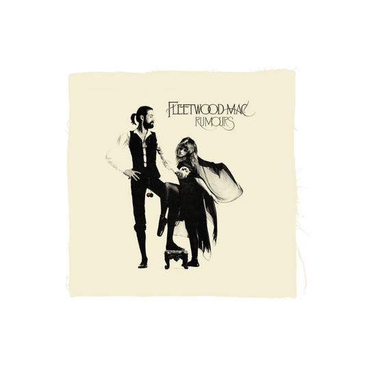 Album cover of Fleetwood Mac's 'Rumours' with black and white illustration on beige background