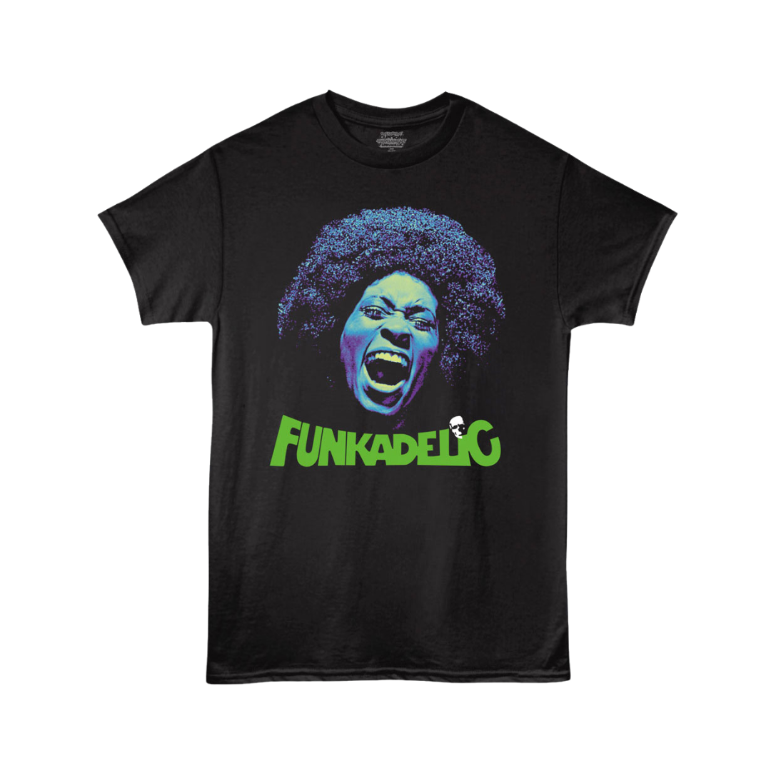Black t-shirt with a colorful graphic of a face and 'Funkadelic' text on a white background