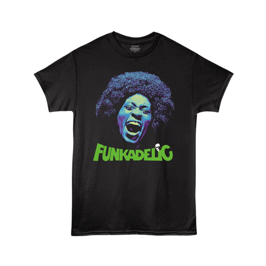 Black t-shirt with a colorful graphic of a face and 'Funkadelic' text on a white background