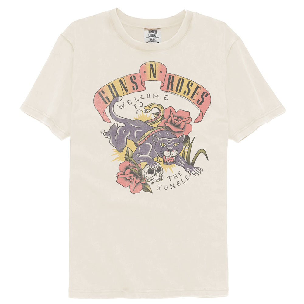 Beige t-shirt with colorful graphic design featuring a panther, roses, and text on a white background