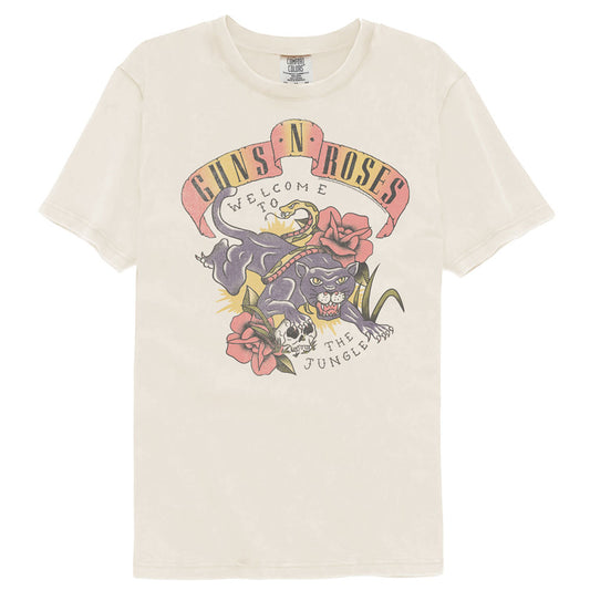 Beige t-shirt with colorful graphic design featuring a panther, roses, and text on a white background