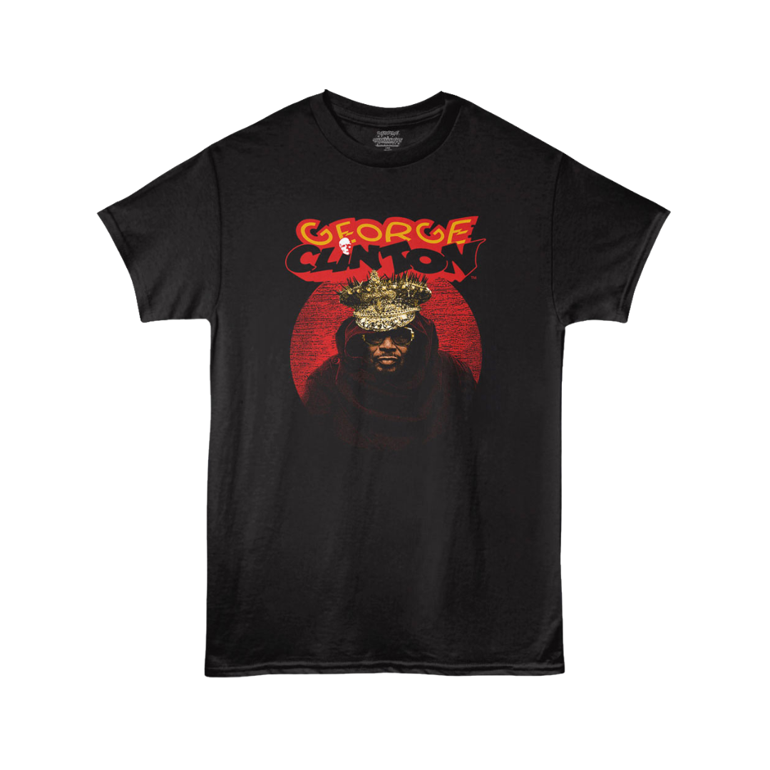 Black t-shirt with a graphic design of a person wearing a crown and text on a white background