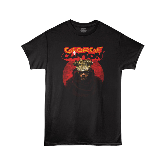 Black t-shirt with a graphic design of a person wearing a crown and text on a white background