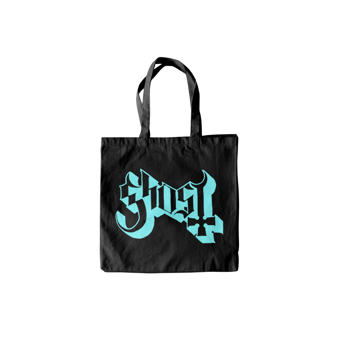Black tote bag with teal logo on a white background