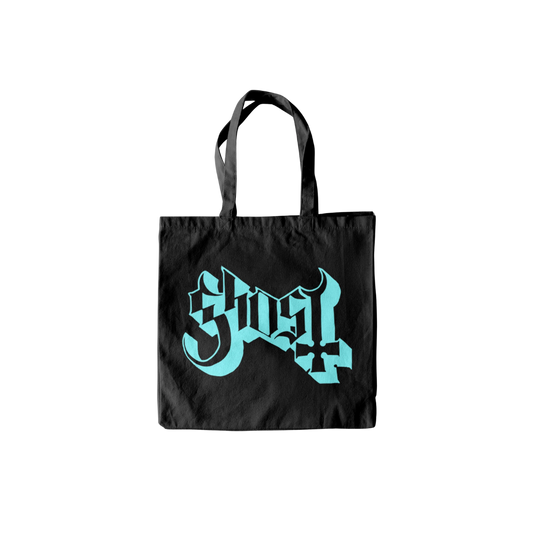 Black tote bag with teal logo on a white background
