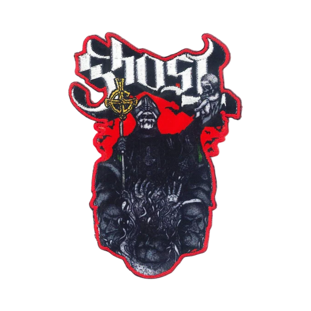 Embroidered patch with 'Ghost' band logo on a white background