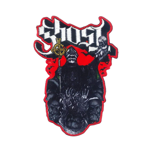 Embroidered patch with 'Ghost' band logo on a white background