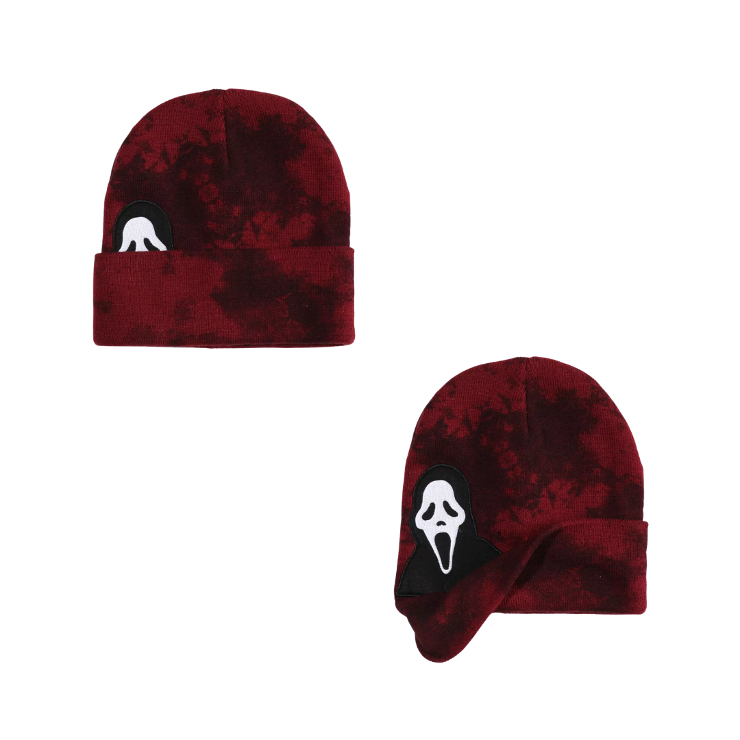 Two red and black patterned beanies with a white ghost face design