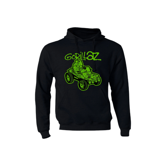 Black hoodie with green 'Gorillaz' logo on a white background