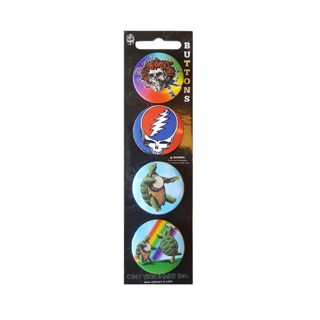 Pack of buttons with colorful designs on a black background