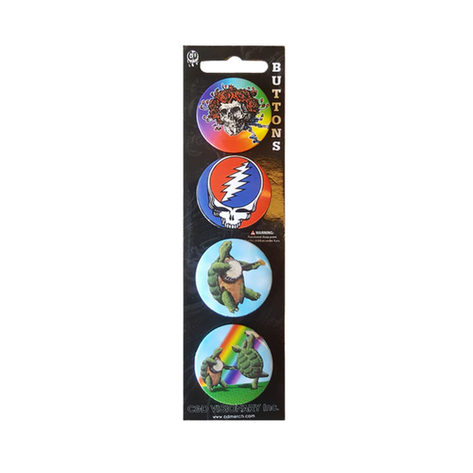Pack of buttons with colorful designs on a black background