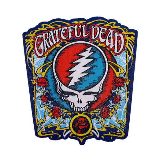 Grateful Dead patch with skull and roses design on a white background