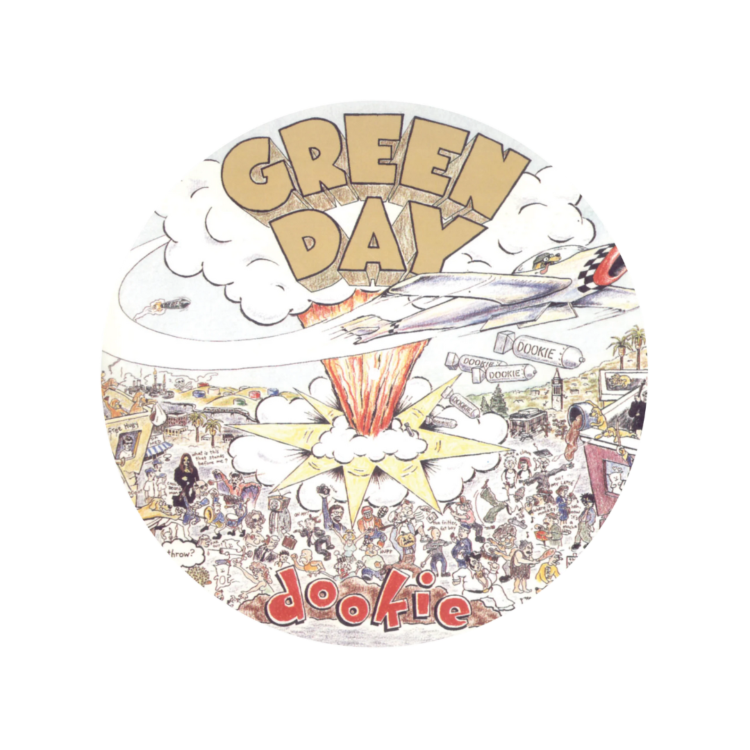 Album cover for Green Day's 'Dookie' with airplane and cloud design.