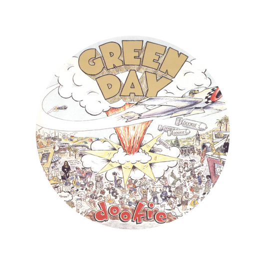 Album cover for Green Day's 'Dookie' with airplane and cloud design.