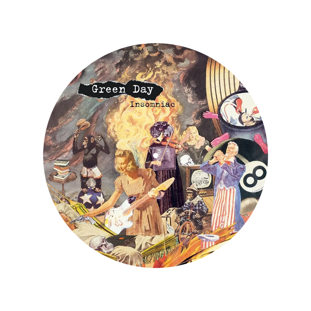 Album cover for Green Day's 'Insomniac' with vintage-style illustration and text.