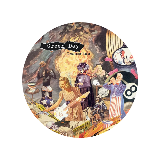 Album cover for Green Day's 'Insomniac' with vintage-style illustration and text.