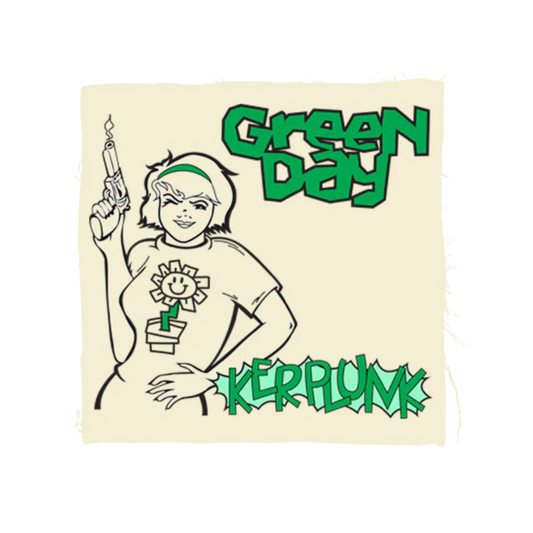 Fabric with a graphic of a person holding a gun and text 'Green Day Kerplunk' on a beige background