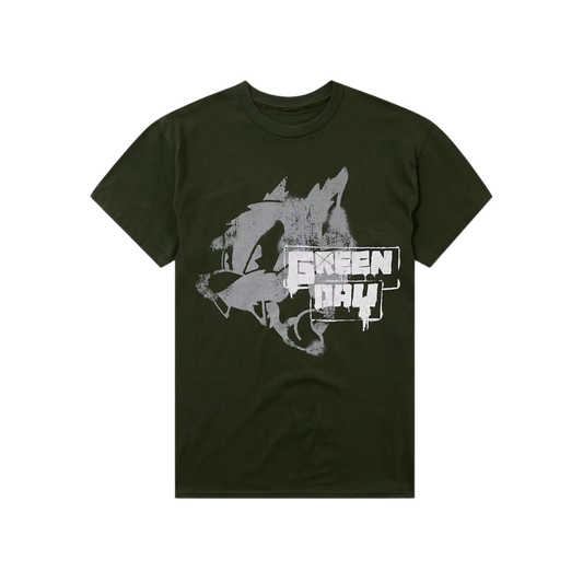Black t-shirt with 'Green Day' logo and wolf design on a white background