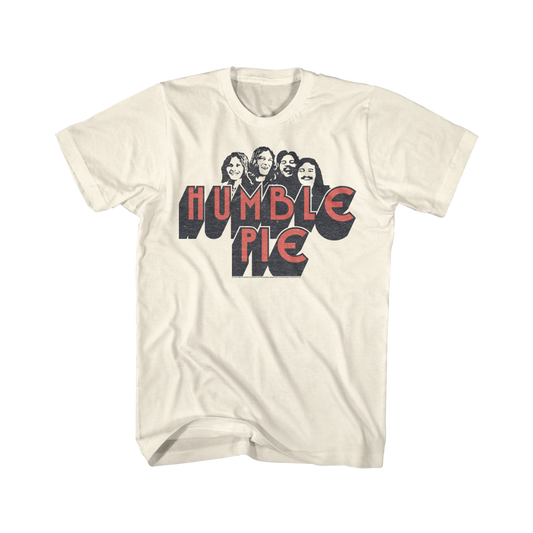Beige t-shirt with 'Humble Pie' band graphic on a white background