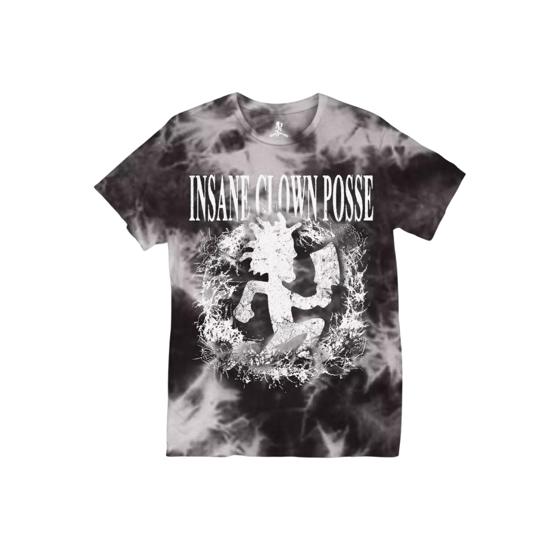 Tie-dye t-shirt with 'Insane Clown Posse' logo on a white background