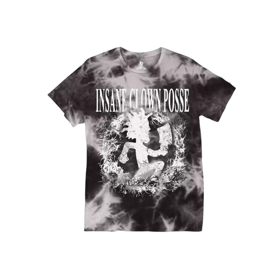 Tie-dye t-shirt with 'Insane Clown Posse' logo on a white background