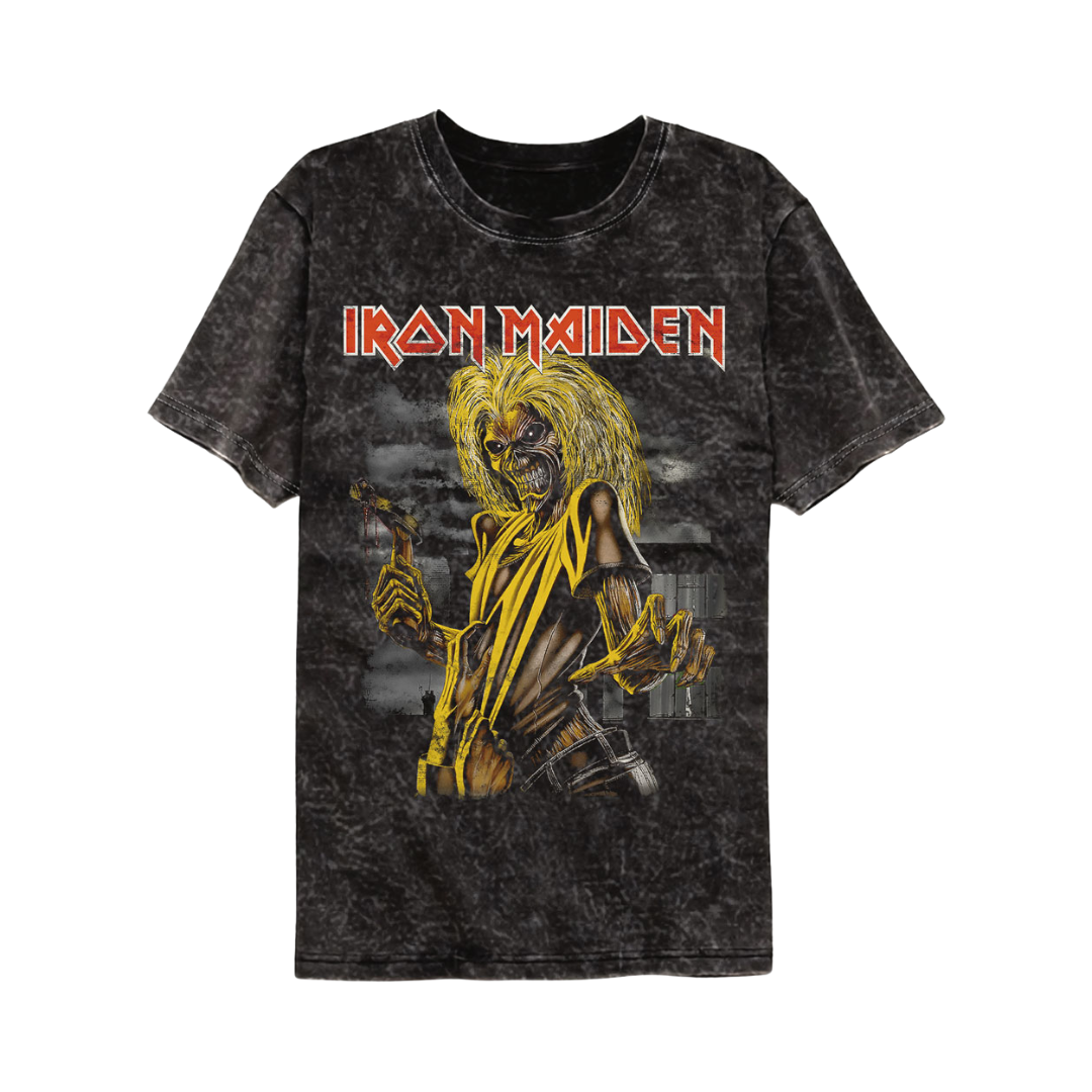 Black t-shirt with Iron Maiden logo and character design on a white background