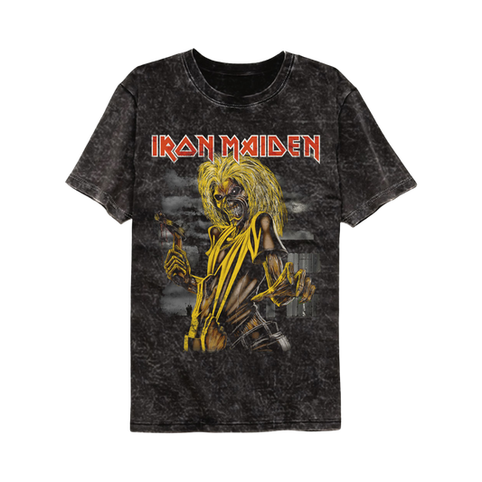 Black t-shirt with Iron Maiden logo and character design on a white background