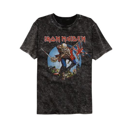 Black t-shirt with Iron Maiden graphic design on a white background