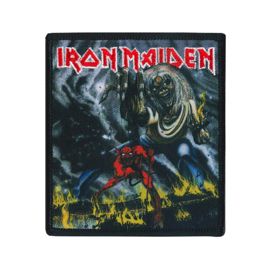 Iron Maiden patch with band logo and character design on a dark background