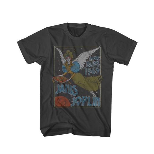 Black t-shirt with Janis Joplin graphic design on a white background